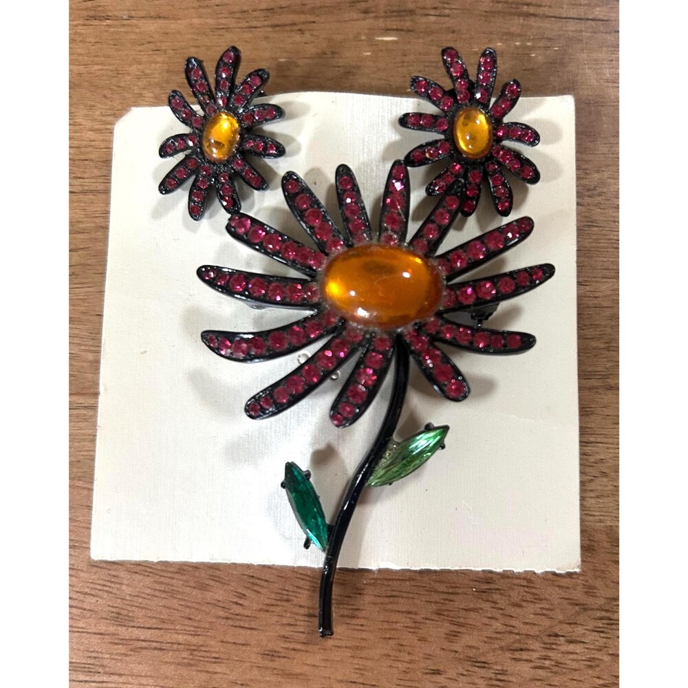 Vintage Rhinestone Flower Brooch and Earrings Set